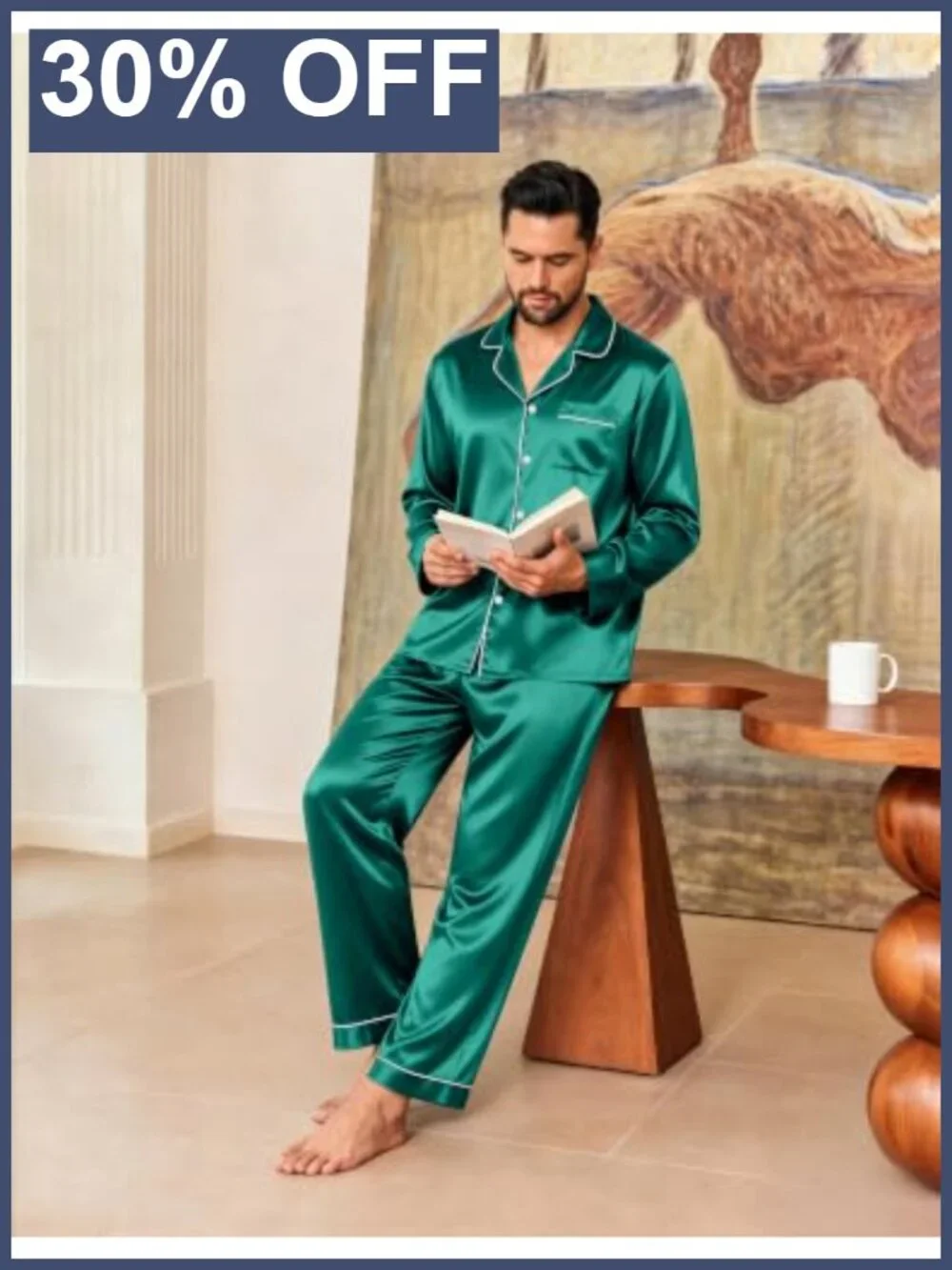 Men's Silk Satin Pajama Set Long Sleeve Button Down Sleepwear Lounge